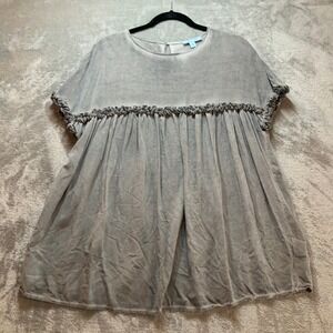 She + Sky Womens Grey Velvet Ruffle Babydoll Tunic Top Short Sleeve Boho Small